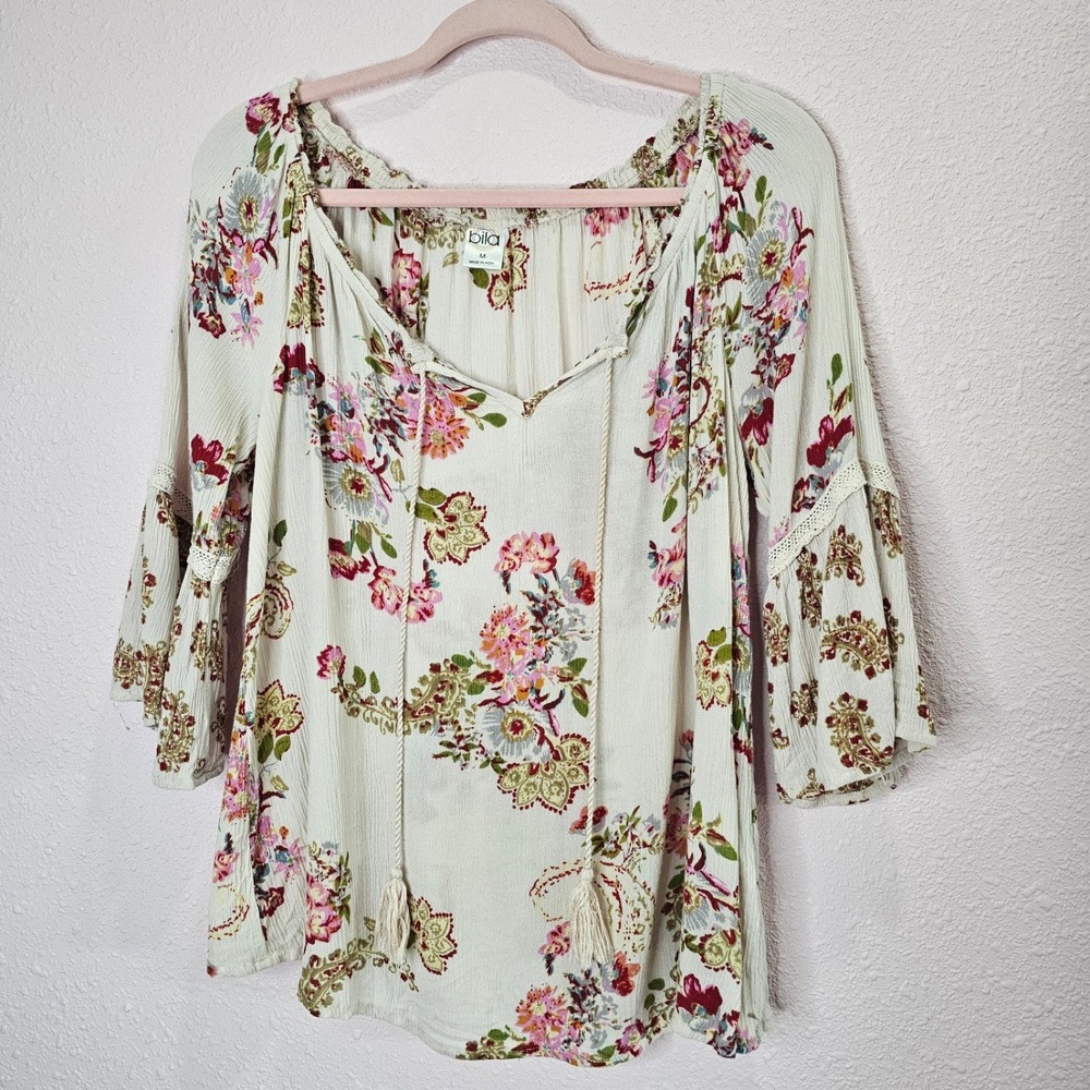 Bila Shirt Womens M Floral Print Peasant Blouse Off Shoulder 3/4 Bell Sleeve Top